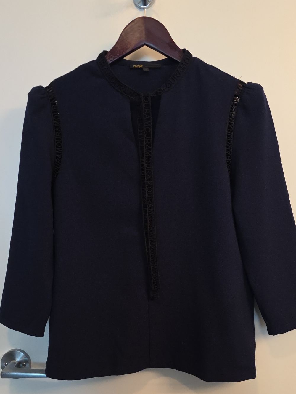 Maje Navy Long-Sleeve Blouse with Velvet Trim